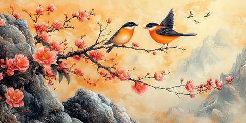 橙色背景花鸟墙挂