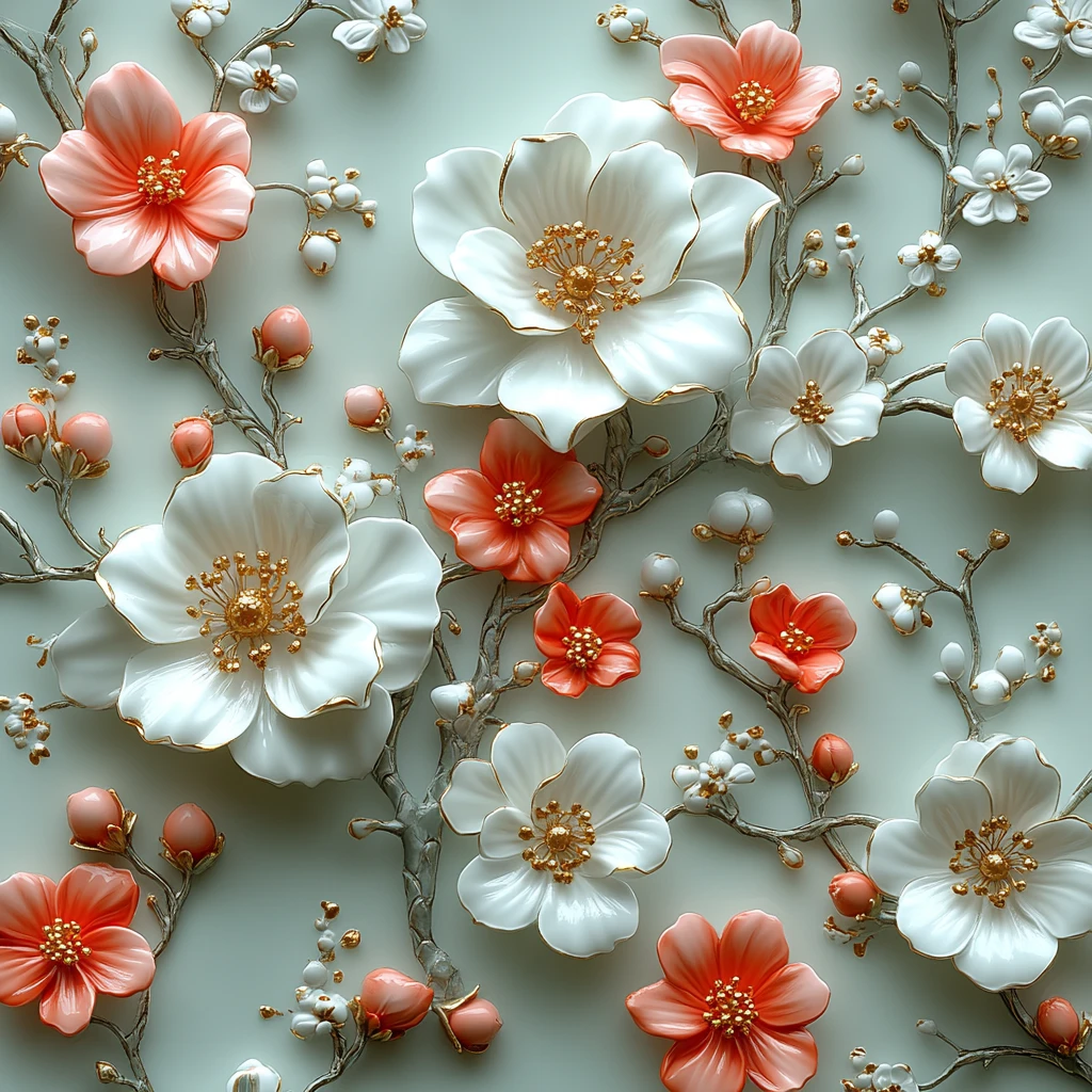 白粉花卉绿底壁纸