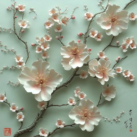 白粉花卉绿底壁纸