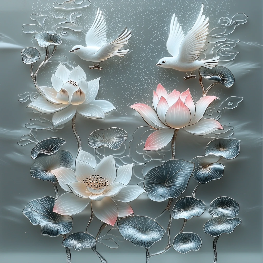 银刻莲花白鸟镜