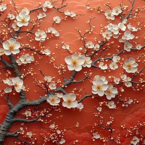 白橙梅花金枝图