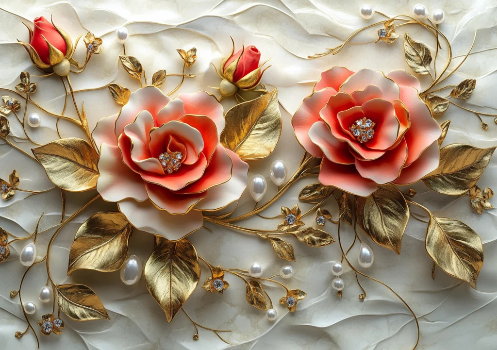 红玫瑰金叶珍珠钻石