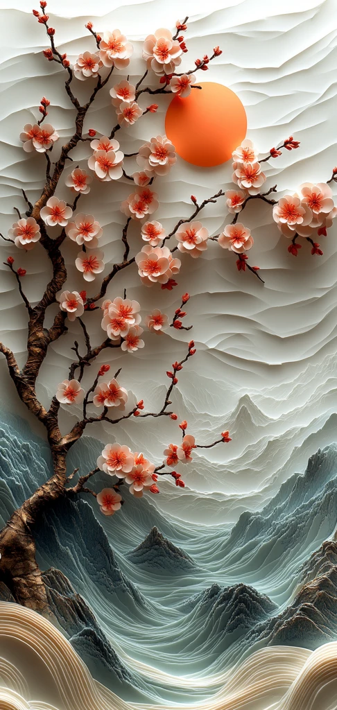 樱花浪涛山峦图