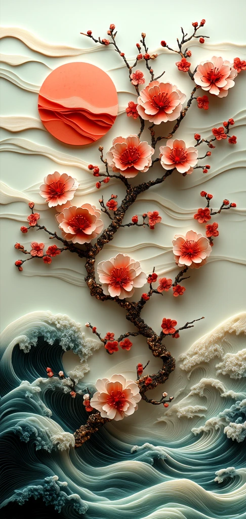 樱花浪涛山峦图