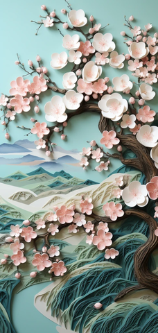 樱花山景纸雕