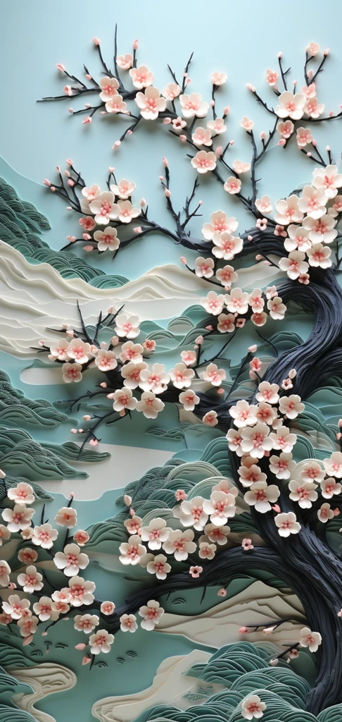 樱花山景纸雕
