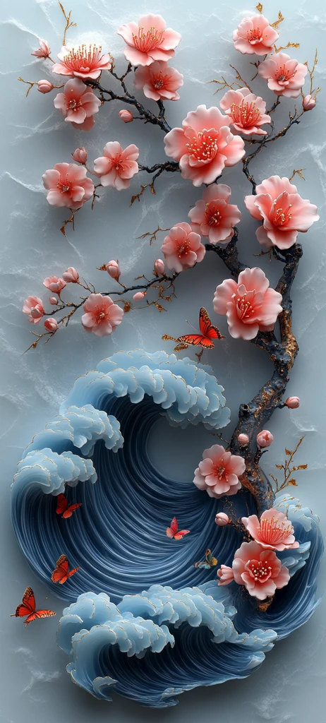 樱花波浪与富士山