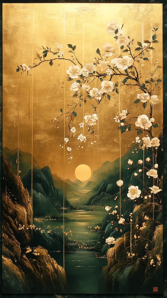 金绿茶叶花绘图