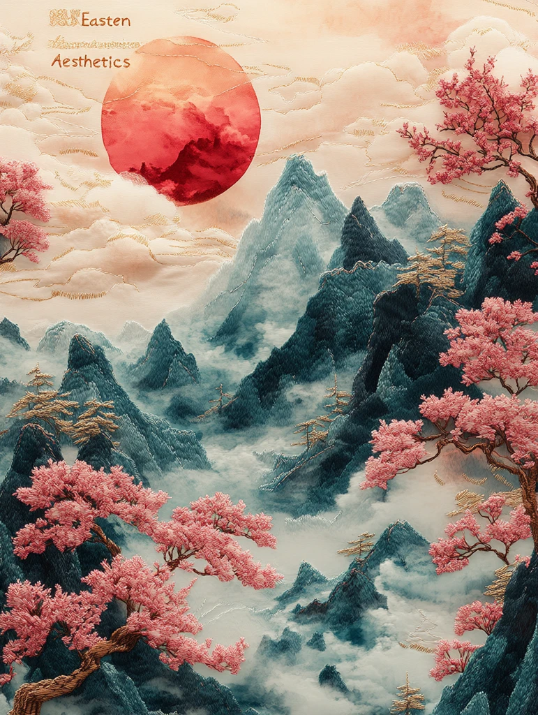 樱花山水刺绣图案