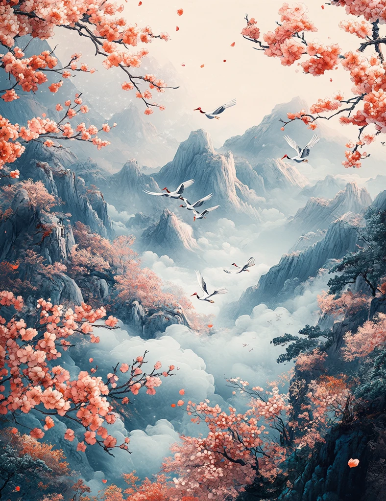 粉紫山峦云雾缭绕