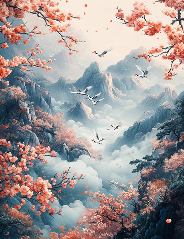 粉紫山峦云雾缭绕