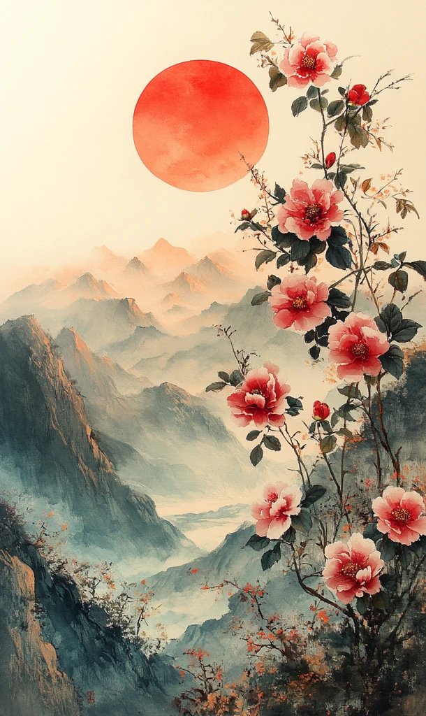 日出山间花叶图