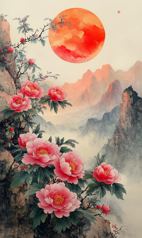 日出山间花叶图