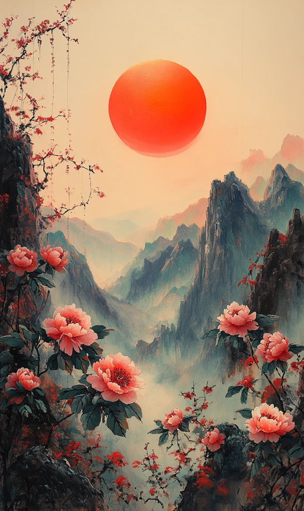 日出山间花叶图