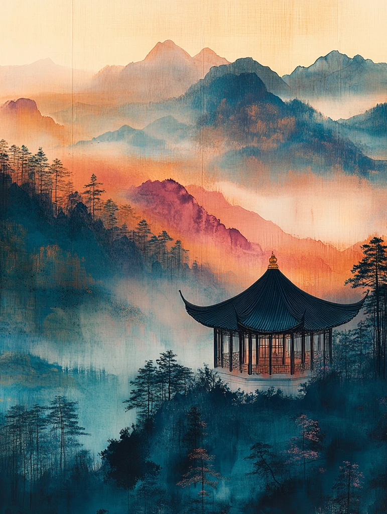 金色云纹山水屏