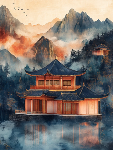 金色云纹山水屏