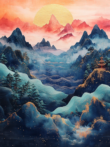 金色云纹山水屏