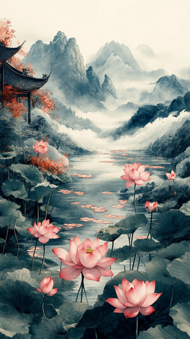 中国屋檐云山莲叶