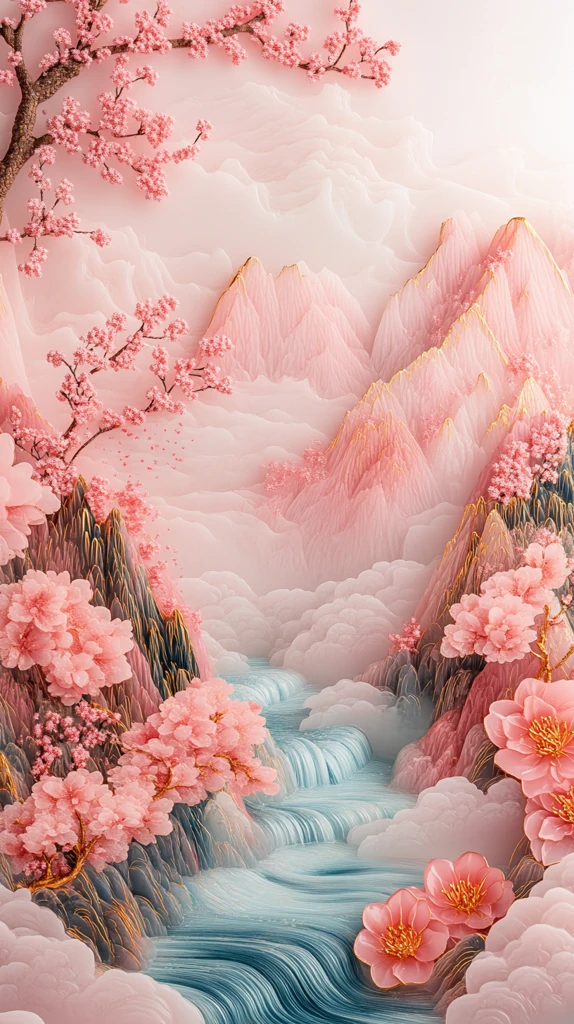 粉晶雕刻山水画