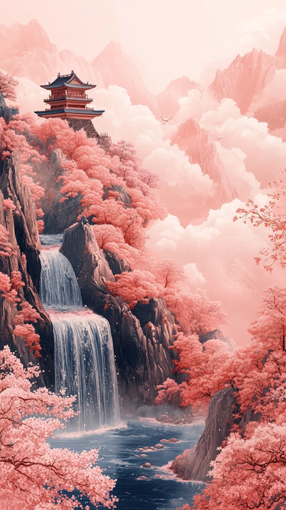 粉晶雕刻山水画