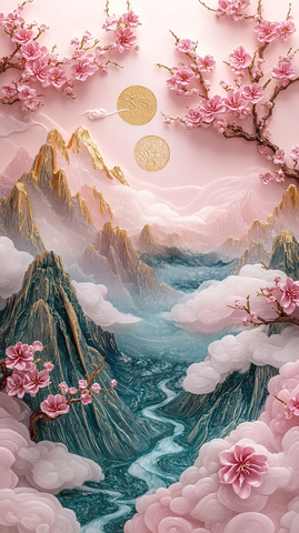 粉晶雕刻山水画