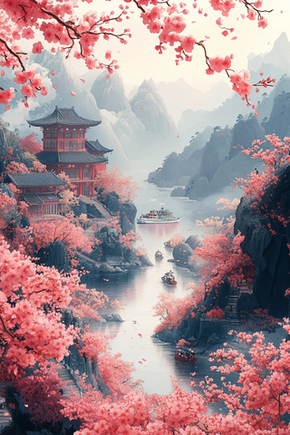 樱花山水剪纸图