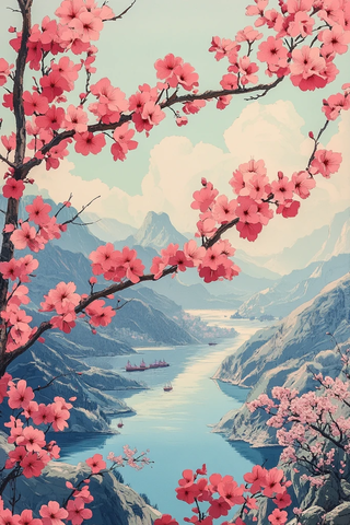 樱花山水剪纸图