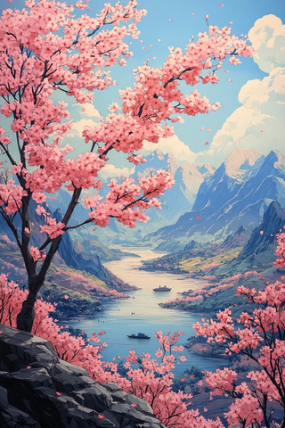 樱花山水剪纸图