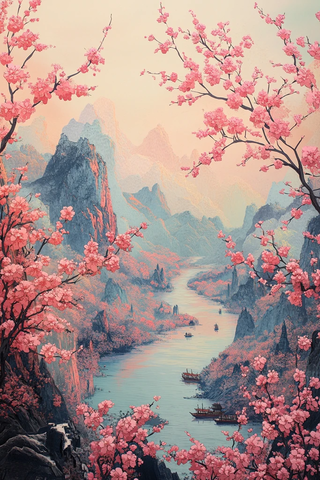 樱花山水剪纸图