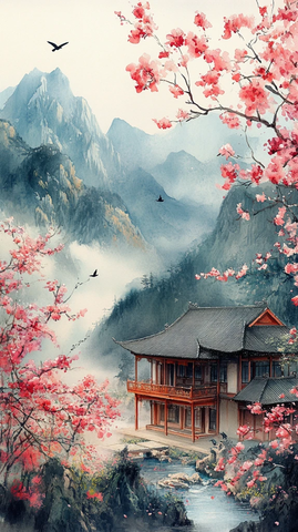 山水桃林亭台流水