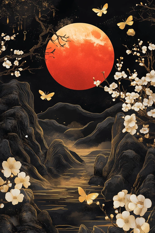 红月白花金蝶图