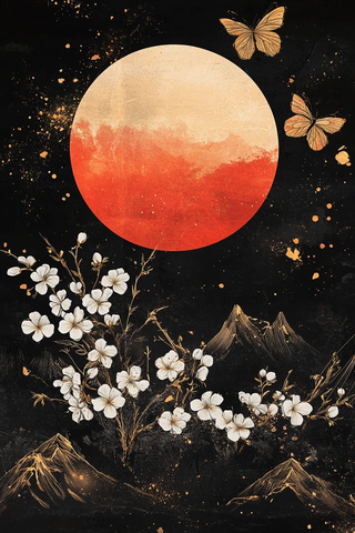 红月白花金蝶图