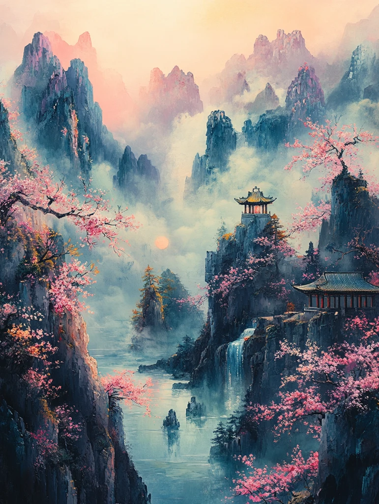 彩色山水月夜图