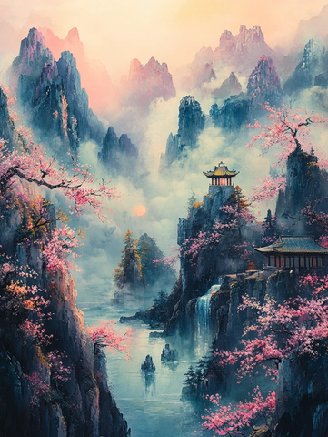 彩色山水月夜图