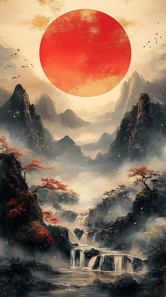 红日金辉云石图