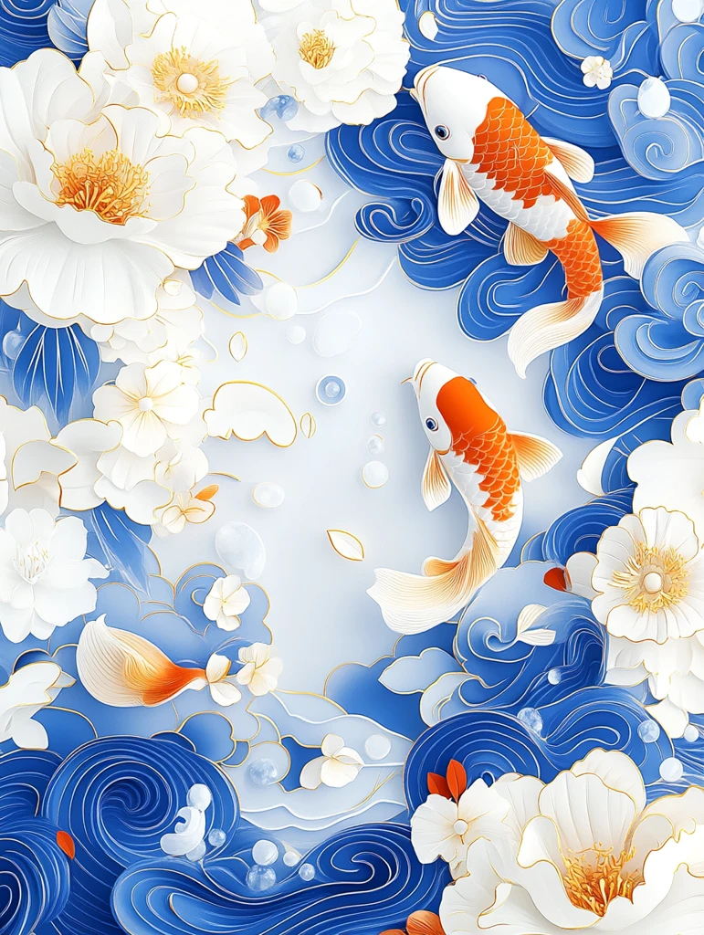 蓝云红鱼花水彩