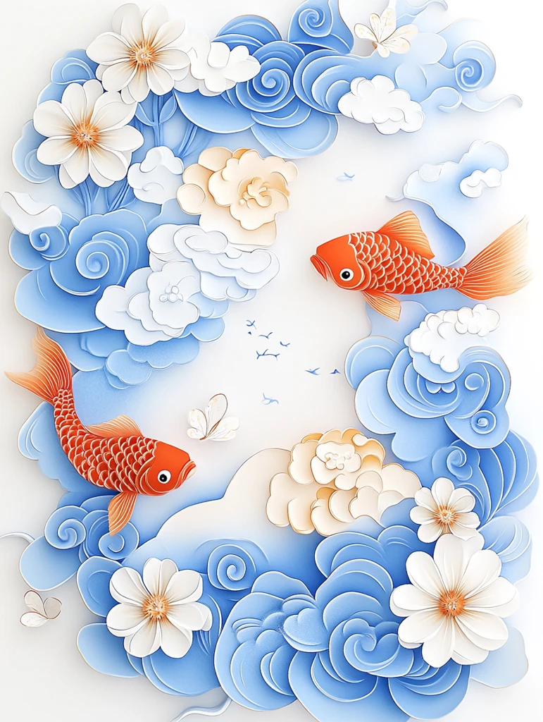 蓝云红鱼花水彩