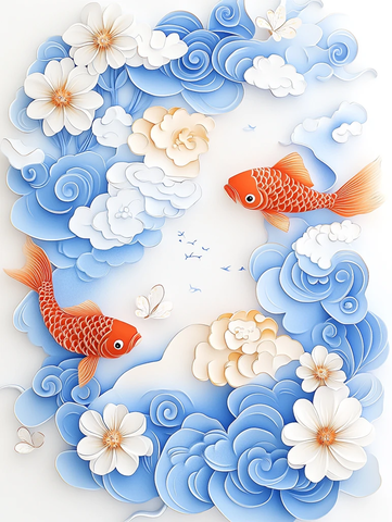 蓝云红鱼花水彩