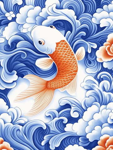 蓝云红鱼花水彩