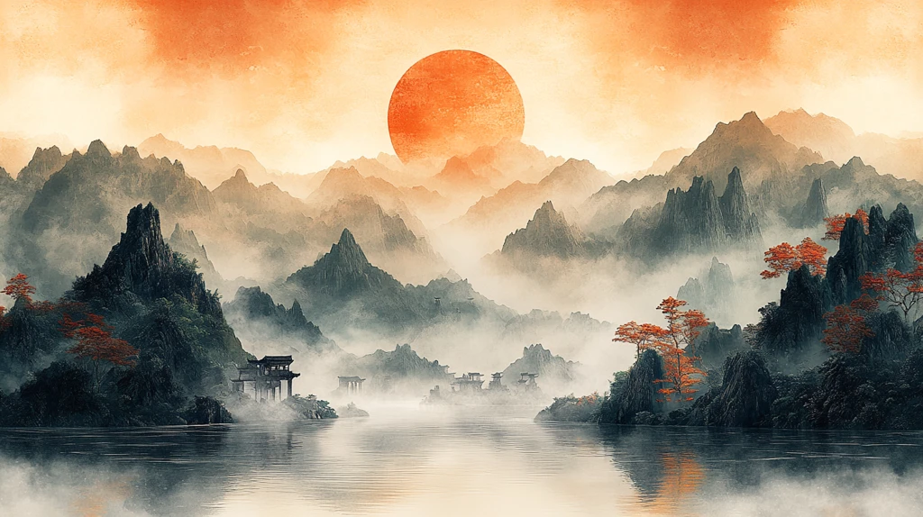 山水金箔墨色图