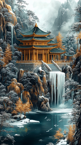 翡翠山峦亭树图