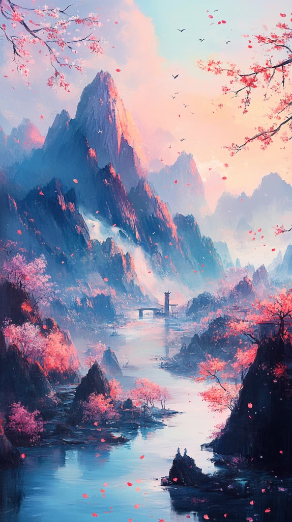 山川樱花图