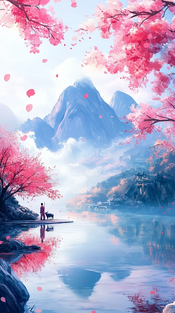 桃林河畔人携兽