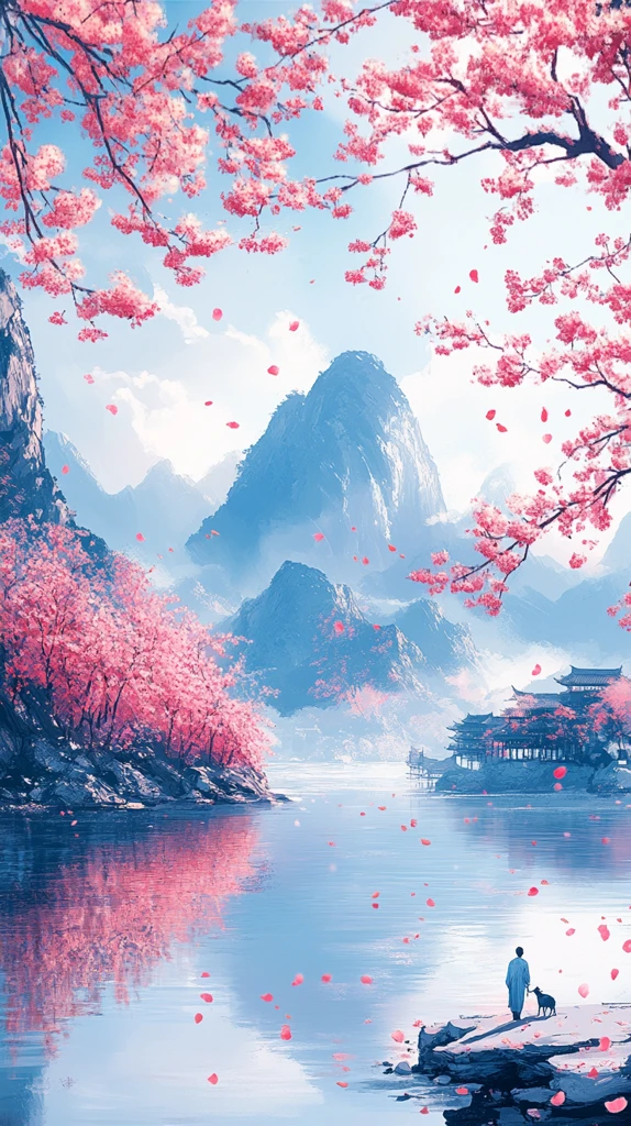 桃林河畔人携兽