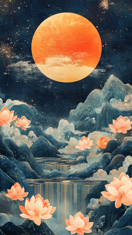 新年灯光月色花鸟图