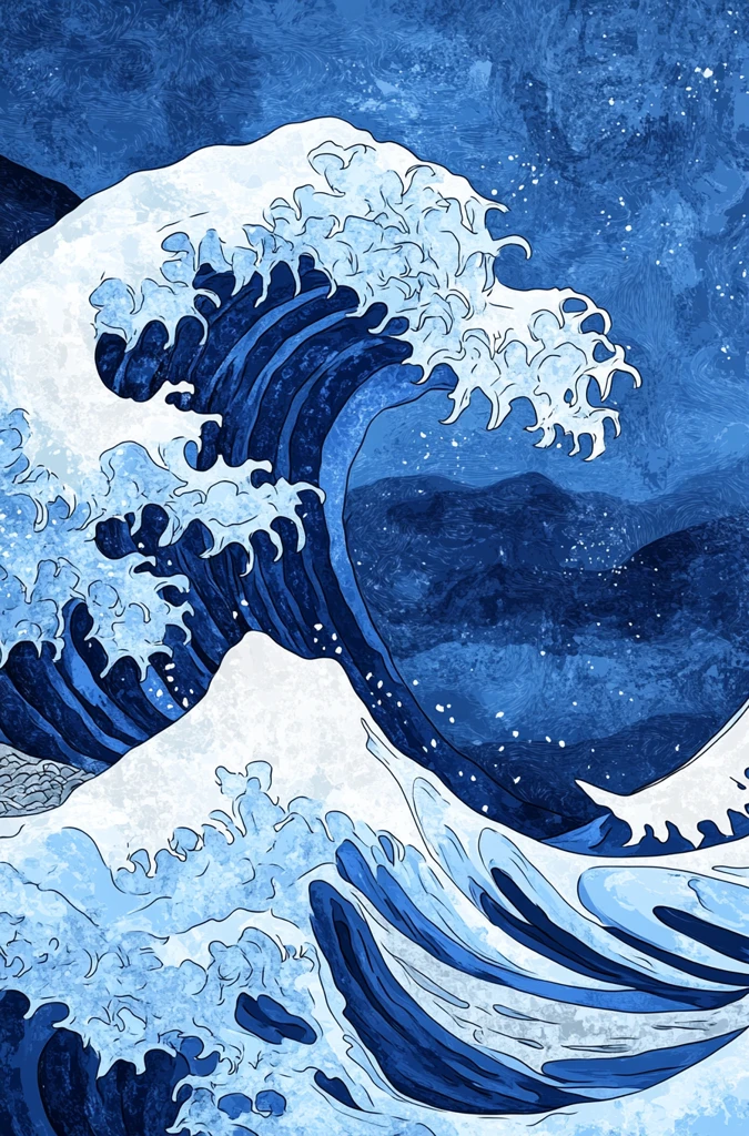 大浪蓝白艺术插画