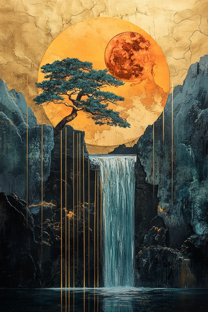 金青黑大理石山水树