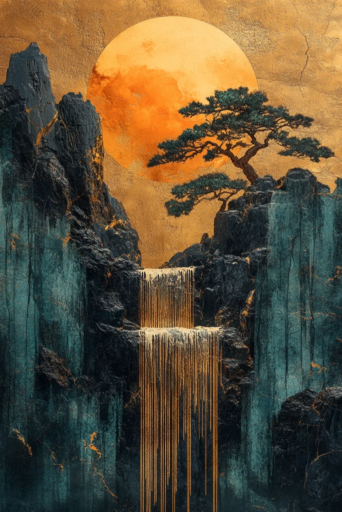 金青黑大理石山水树