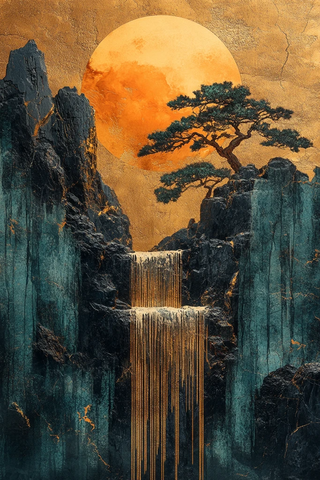 金青黑大理石山水树