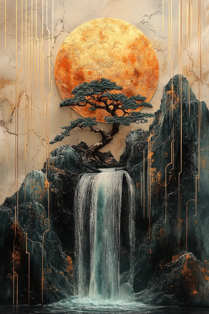 金青黑大理石山水树